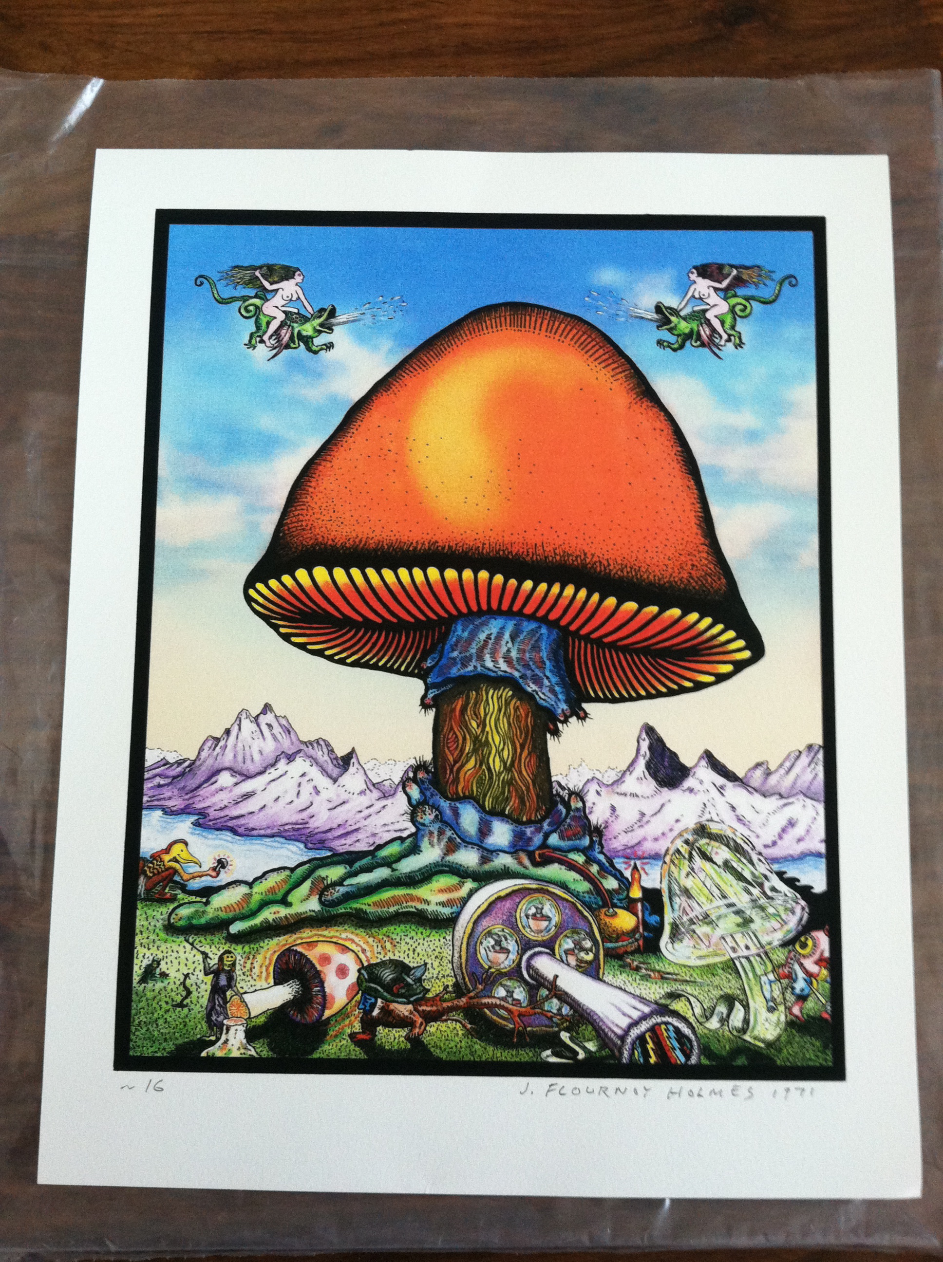 Print from Flournoy Holmes, designer of the Eat a Peach artwork, among others. Several Eat a Peach gatefold characters in the print. 