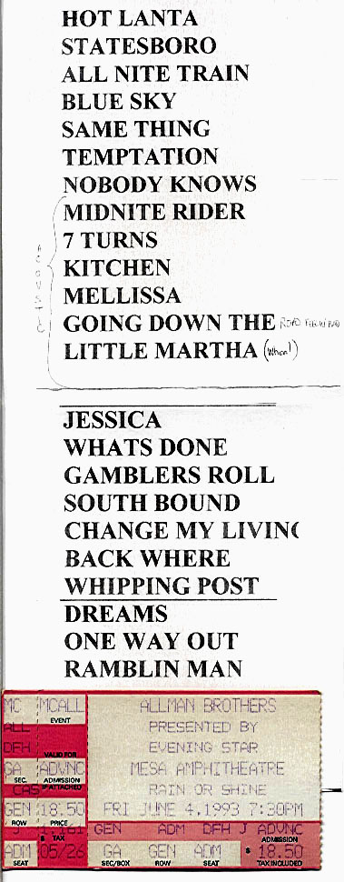 A starry AZ night, teeny outdoor venue, backstage passes from HTN, got the setlist, and....LIL' MARTHA!
Tempe, AZ, 6-4-1993