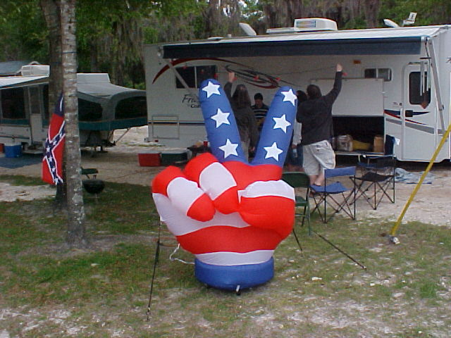 The famous Peace sign! Everyone was stopping by to snap a pic of our campsite mascot.