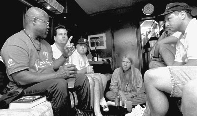 Here's a shot of Jaimoe talking music with us on the bus during the Real Trip. The gent on his left is Chicago Bob who sadly passed away recently. That's me opposite Jaimoe taking in his lesson. The guy sitting on the floor is NOT Gregg.That's Tom Vold, a great guy and a childhood friend of Lana's. Notice the clock says 5:00 A.M.!! We had fun that night. Thanks Jaimoe. (photo taken by Alan Hilbert)