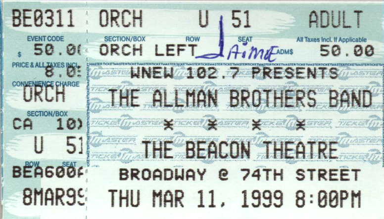 Jaimoe kindly signed my ticket when I met him in the lobby of the Beacon before the show on 3/11/99