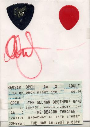 3/18/97 - Warren & Allen's picks  It's intermission and ABB finished the first set with Jessica. Warren walked off the stage right in front of me.I wanted to shake his hand but he tossed me the pick he just played Jessica with. At the end of the show, I held out a marker and some paper and Allan Woody gave me this autograph and the pick he just did Whipping Post with.