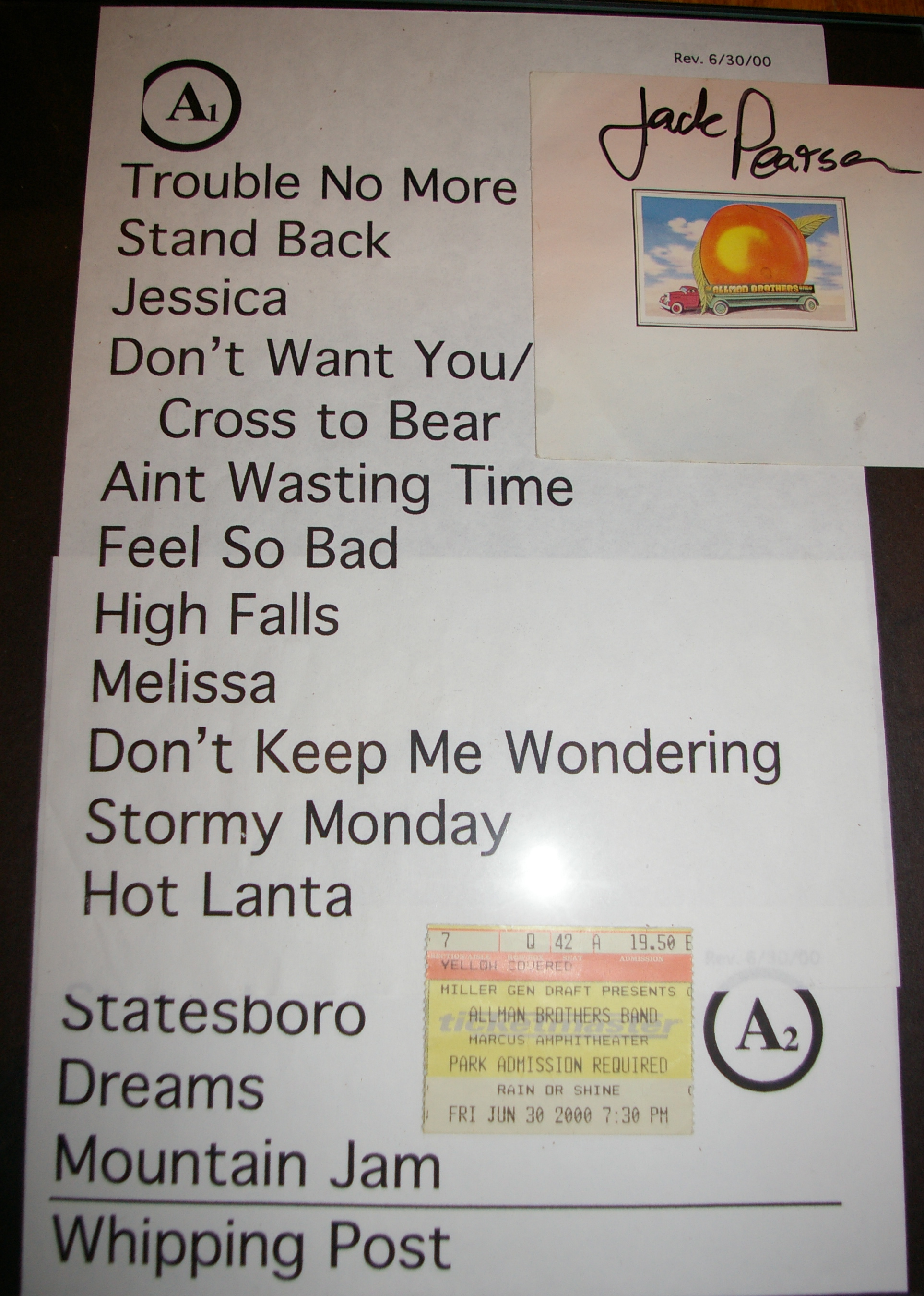 Set List from Marcus Amphitheater in Milwaukee.... Eat a Peach cover autographed by Jack Pearson from a few years earlier....