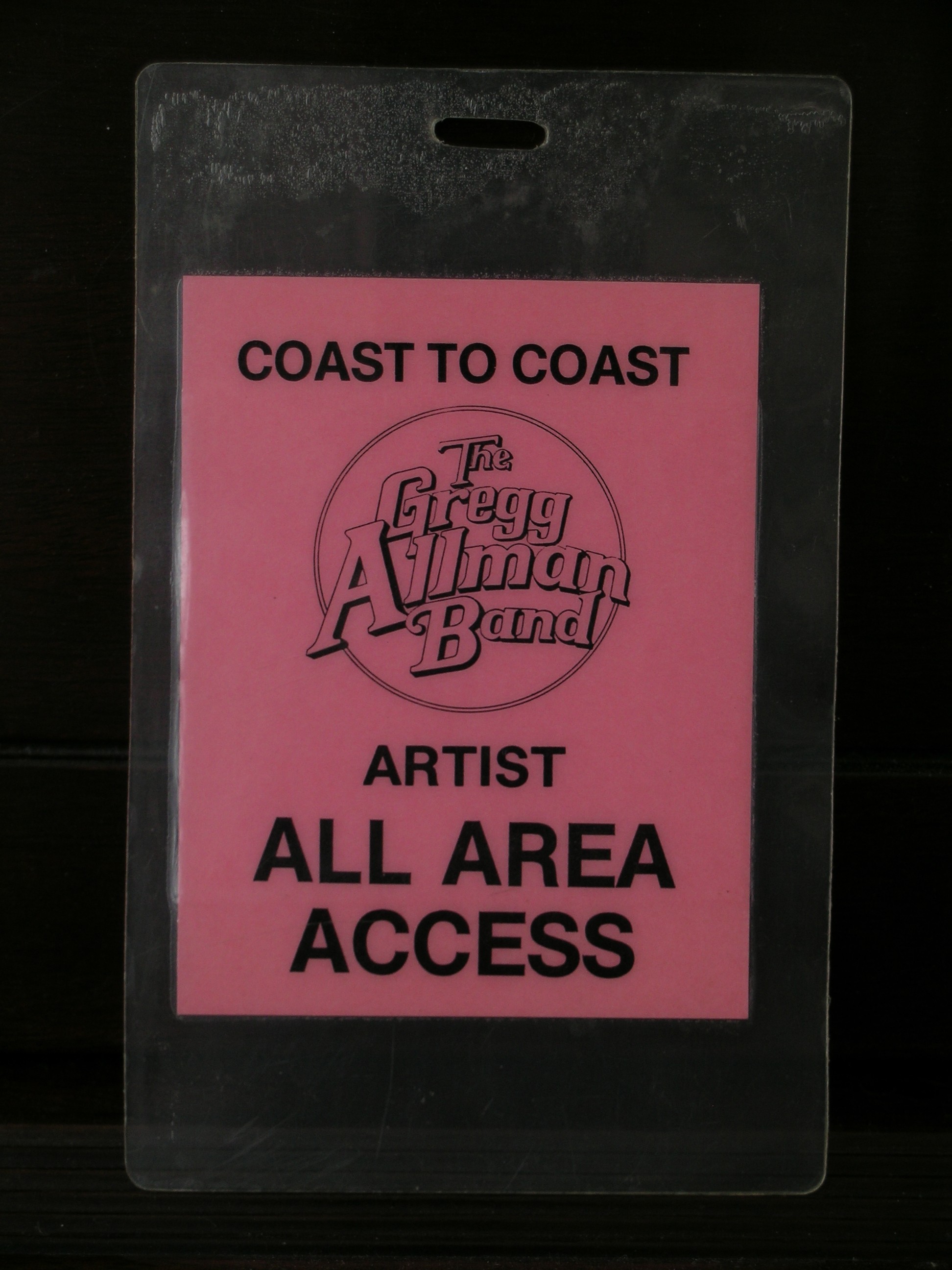 Willie Perkins Gregg Allman Band Coast to Coast tour laminated artist all area access photo pass.  Front view.